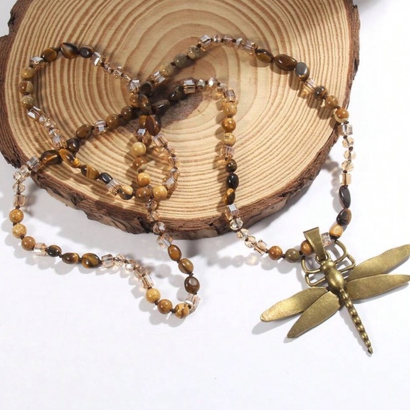 Boho Tigers Eye Crystal Natural Glass Dragonfly Necklace - Picture 3 of 5